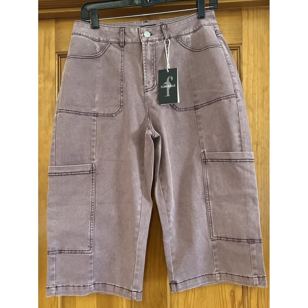 Flamingals Women's Purple Acid Wash Cargo Capri Sz Large